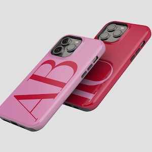 Cherry Red & Pink Initials iPhone Case | Custom Monogram iPhone 14 Pro Case | iPhone 13 12 Pro Max Case | Galaxy S23 S22 | Pixel 6 5 | PC18