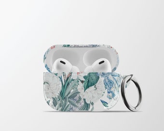 Blue Iris Floral AirPods Case | Flower Pattern Hard Shell Earbud Case Cover with Keychain for Apple, Samsung & Pixel Buds | AC9