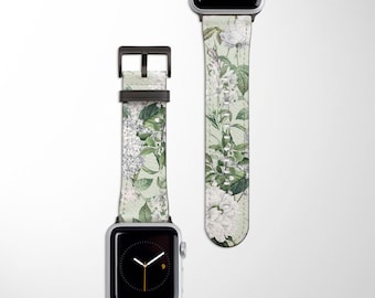 WITTE HORTENSIAS Apple Watch-bandje | Bloemen veganistisch lederen horlogebandje 38 mm 40 mm 42 mm 44 mm