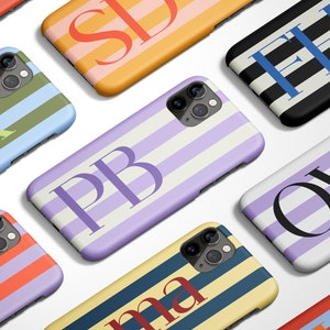 Stijlvol telefoonhoesje met strepen | Gepersonaliseerde grote initiaal iPhone 14 Pro-hoesje 13 12 Pro Max-hoesje | Aangepaste Galaxy S23 S22 S21 | Pixel 6 5 4 | PC11