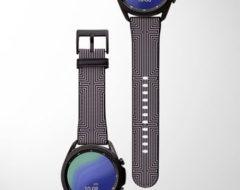 May include: A black smartwatch with a black and white geometric patterned band. The watch face displays a gradient of blue and green colors with the time 10:08 AM.