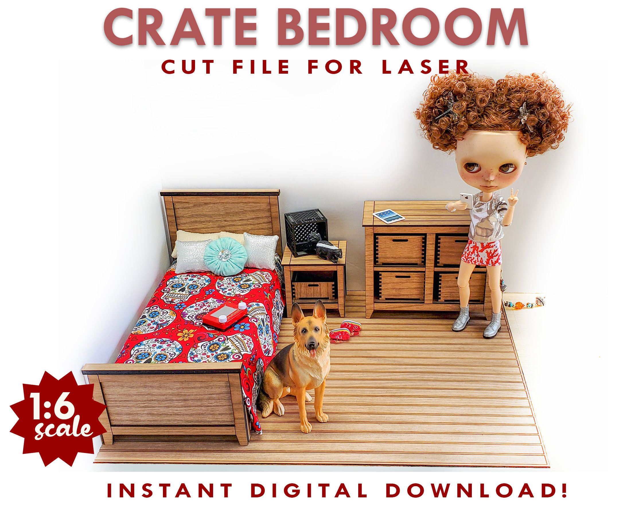 SVG CUT FILE Crate Bedroom Dollhouse Furniture 16 Scale Blythe Doll