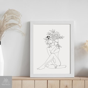 Flower Naked Woman Line Art, Abstract Woman Body Line Drawing , Feminist Wall Art, Feminine Woman Poster, Minimal Empower Print