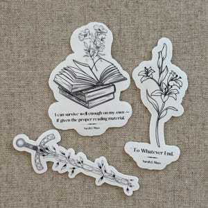Stickers minimalistes inspirés du trône de verre : livre, épée, fleur - lot d'autocollants