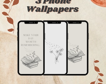 Boho iPhone Wallpaper, Neutral Book Aesthetic, 3 Designs (Digital Download)