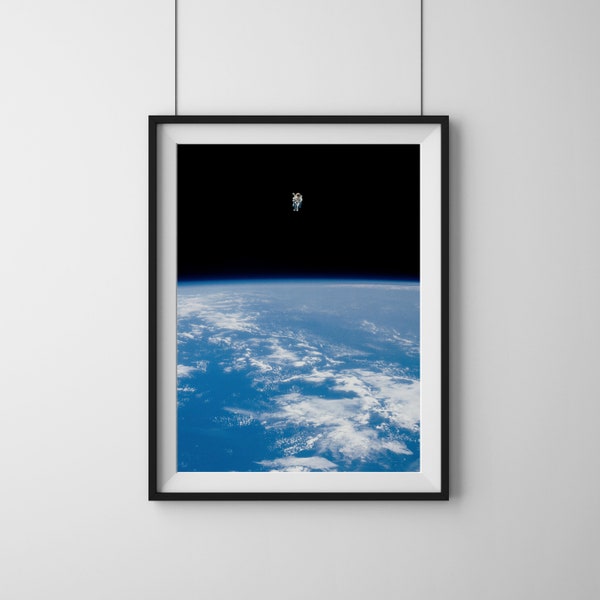 The Astronaut and Earth, untethered spacewalk, astronaut floating in space,  NASA Art Print Vintage Premium Poster Moon scifi wall decor