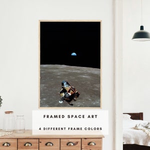 Earth, Moon and Lunar Module, Framed Remastered NASA Art Print, Apollo Mission Poster, Scifi wall decor, moon mission