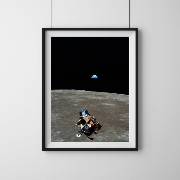 Earth, Moon and Lunar Module, Remastered NASA Art Print, Premium Vintage Poster, Scifi wall decor, moon mission