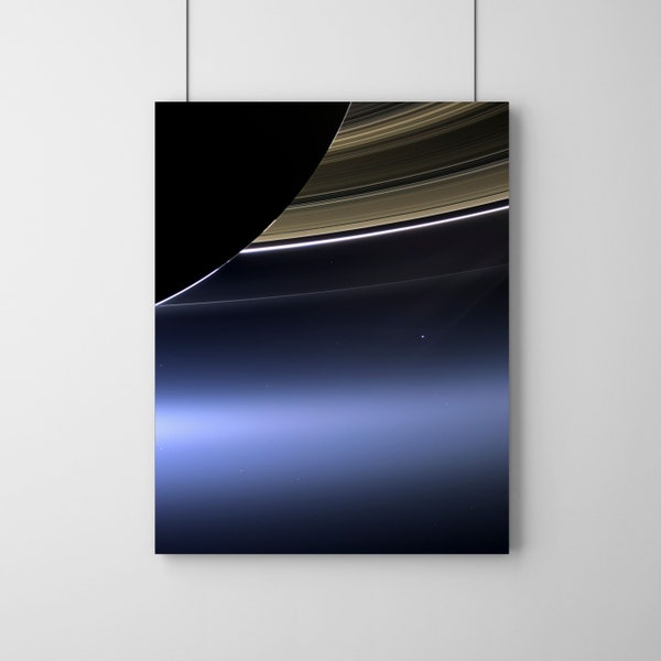 Earth from behind Saturn, Cassini space probe photograph, NASA poster, Astronomy poster, office decor, Art Print, scifi wall deco