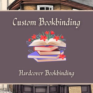 May include: Illustration of a stack of books with red and blue covers, topped with red flowers. The image has the text "Custom Bookbinding" and "Hardcover Bookbinding" on a purple background.