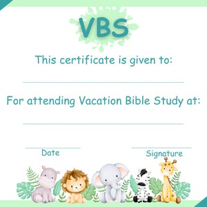 Vacation Bible School Certificate, Jungle Vbs Certificate, Animal Vbs ...
