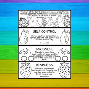 10 Fruit of the Spirit Coloring Bookmarks, Galatians 22 23, Bookmark Printable, Bible Verse Bookmarks, Sunday School Activity Pages