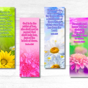 Könnte beinhalten: Vier farbenfrohe Lesezeichen mit Blumenmotiven und inspirierenden Bibelversen. Die Lesezeichen zeigen eine gelbe Gänseblümchen, rosa Blumen, weiße Gänseblümchen und eine rosa Zinnia.