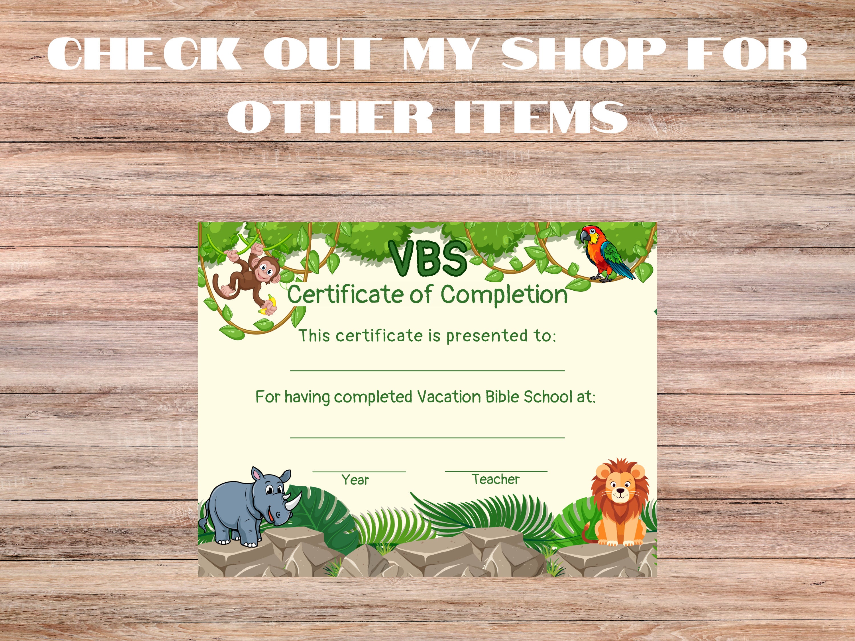 Jungle Animal VBS Certificate, Printable Vacation Bible School Award ...