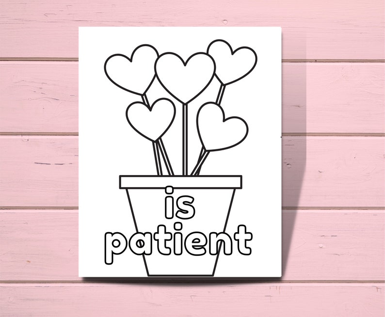 K&ouml;nnte beinhalten: Eine Schwarzwei&szlig;-Zeichnung eines Blumentopfs mit f&uuml;nf Herzen auf Stielen. Der Text "is patient" steht unter dem Topf.