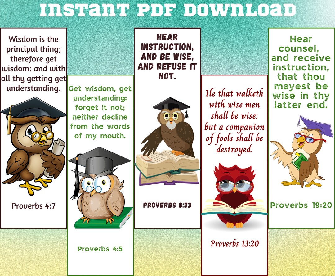 Wise Owl Bookmarks, Scripture Cards, Christian Bookmark Printable, Printable Bookmark, Proverbs ...