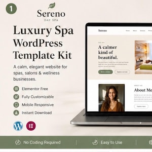 May include: A laptop and smartphone showcase a website template kit for spas and wellness businesses. The website design features a calming colour palette and includes the text "A calmer kind of beautiful."