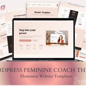 Puede incluir: Un port&aacute;til que muestra un dise&ntilde;o de sitio web con el texto "Step into your power". Varias p&aacute;ginas de dise&ntilde;o de sitios web rodean el port&aacute;til. El texto "WORDPRESS FEMININE COACH THEME" est&aacute; en la parte inferior.