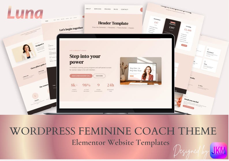 Puede incluir: Un port&aacute;til que muestra un dise&ntilde;o de sitio web con el texto "Step into your power". Varias p&aacute;ginas de dise&ntilde;o de sitios web rodean el port&aacute;til. El texto "WORDPRESS FEMININE COACH THEME" est&aacute; en la parte inferior.