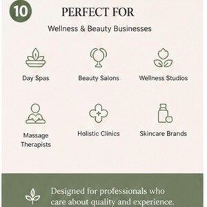 Op de afbeelding: Een afbeelding met het nummer 10 in een groene cirkel, de woorden "PERFECT VOOR" en "Wellness & Beauty Businesses". Pictogrammen vertegenwoordigen Day Spas, Schoonheidssalons, Wellness Studios, Massagetherapeuten, Holistische Klinieken en Skincare Brands.