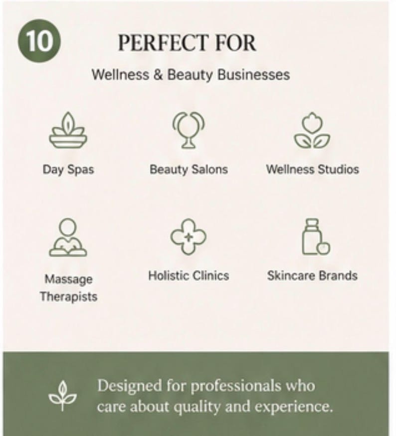 Op de afbeelding: Een afbeelding met het nummer 10 in een groene cirkel, de woorden "PERFECT VOOR" en "Wellness & Beauty Businesses". Pictogrammen vertegenwoordigen Day Spas, Schoonheidssalons, Wellness Studios, Massagetherapeuten, Holistische Klinieken en Skincare Brands.