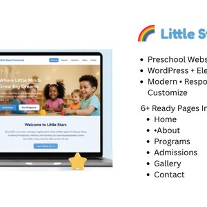May include: A laptop and smartphone display a website template for a preschool, with the text "Little Stars" and a rainbow logo. The website features images of children and the text "Where Little Minds Grow Big Dreams."