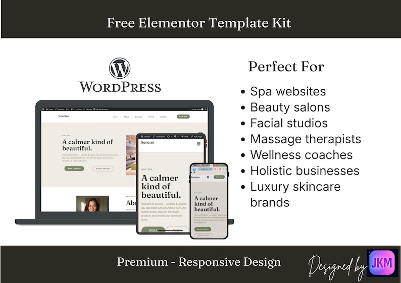 Op de afbeelding: Een website templates kit voor WordPress, met een website ontwerp op een laptop, tablet en smartphone. Het ontwerp toont de tekst "A calmer kind of beautiful". De afbeelding bevat ook het WordPress logo en de tekst "Free Elementor Template Kit".