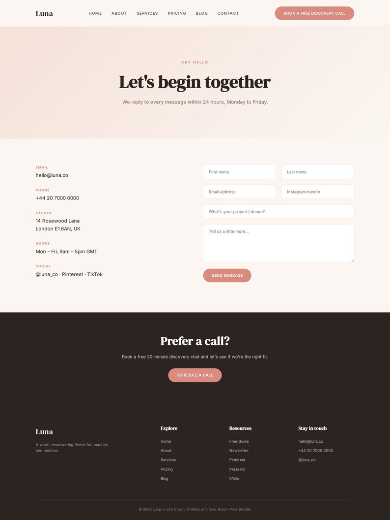 Puede incluir: Una p&aacute;gina de destino del sitio web de Luna, con una paleta de colores suaves. La navegaci&oacute;n superior incluye opciones para Inicio, Acerca de, Servicios, Precios, Blog y Contacto. La p&aacute;gina incluye un formulario de contacto y un bot&oacute;n de llamada a la acci&oacute;n.