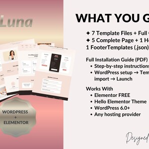 Puede incluir: Anuncio de un producto digital llamado "Luna", con plantillas de sitios web y una gu&iacute;a. La imagen destaca la compatibilidad con Elementor y WordPress. El texto incluye "Qu&eacute; obtienes" y "Gu&iacute;a de instalaci&oacute;n completa".