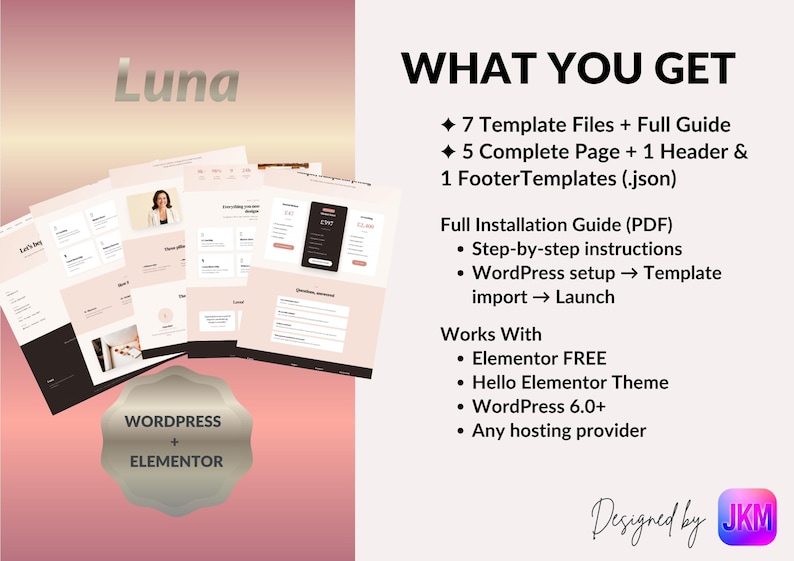 Puede incluir: Anuncio de un producto digital llamado "Luna", con plantillas de sitios web y una gu&iacute;a. La imagen destaca la compatibilidad con Elementor y WordPress. El texto incluye "Qu&eacute; obtienes" y "Gu&iacute;a de instalaci&oacute;n completa".