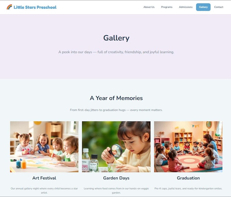 May include: Website screenshot for Little Stars Preschool. The page features the title "Gallery" and images of children engaged in activities like art, gardening, and graduation. Text includes "A Year of Memories" and descriptions of each activity.