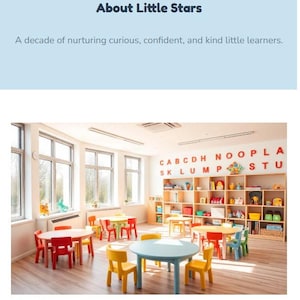 May include: Interior shot of a preschool classroom with colorful tables and chairs. The room has large windows, bookshelves, and alphabet letters on the wall. The text "Little Stars Preschool" is at the top.