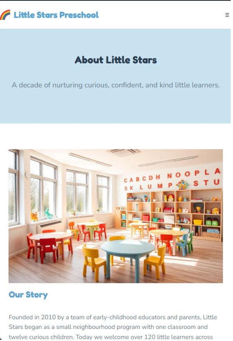 May include: Interior shot of a preschool classroom with colorful tables and chairs. The room has large windows, bookshelves, and alphabet letters on the wall. The text "Little Stars Preschool" is at the top.