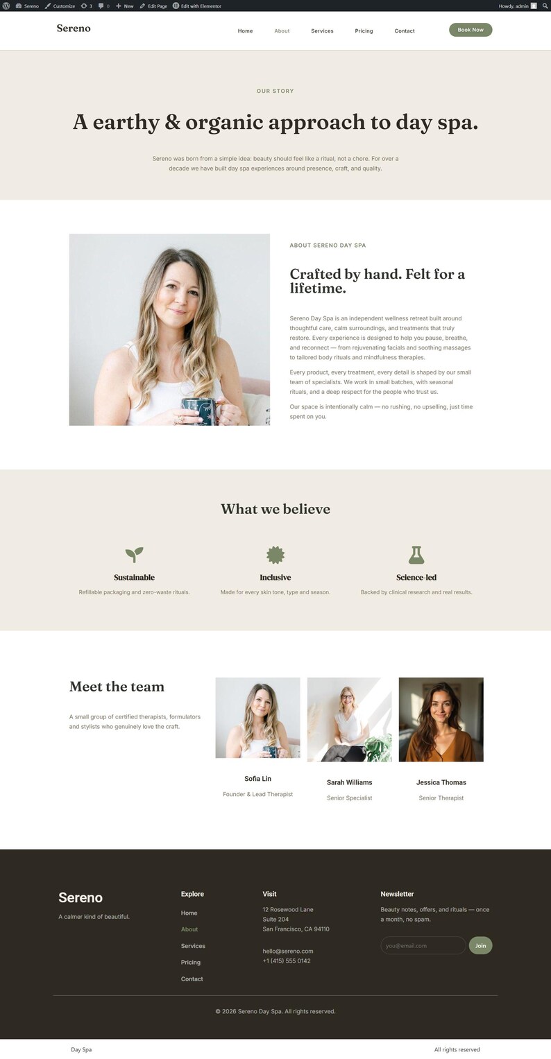 Op de afbeelding: Schermafbeelding van de website van Sereno Day Spa. De pagina bevat het logo van de spa, de kop "Een aardse en organische benadering van de dagspa" en een foto van een vrouw die een mok vasthoudt. De site bevat ook informatie over de diensten en het team van de spa.