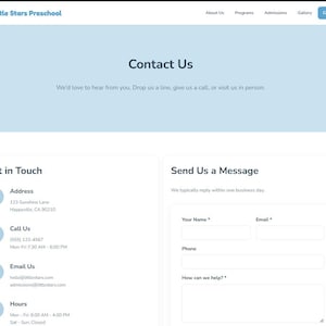 May include: A webpage for Little Stars Preschool with a light blue header and a white content section. The page includes contact information, such as address, phone number, email, and hours, along with a form to send a message.