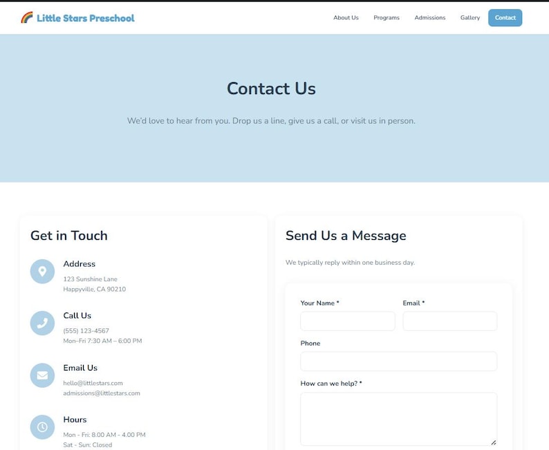 May include: A webpage for Little Stars Preschool with a light blue header and a white content section. The page includes contact information, such as address, phone number, email, and hours, along with a form to send a message.
