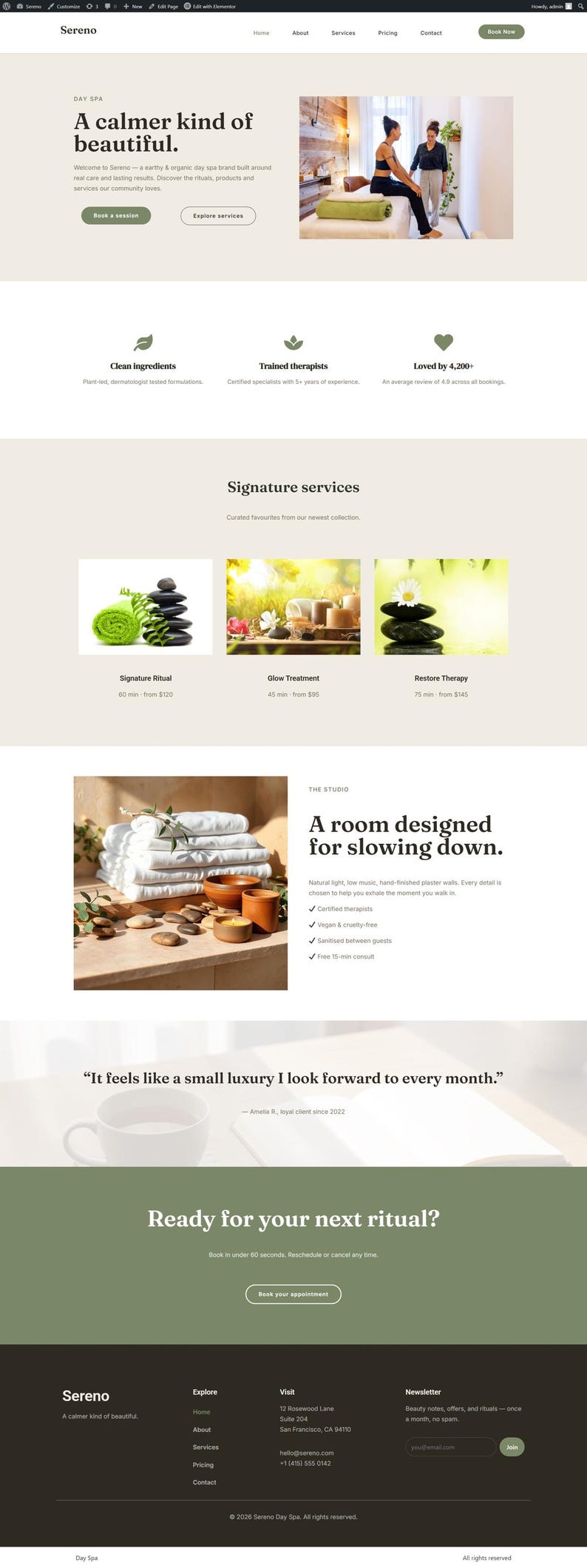 Op de afbeelding: Website homepage voor Sereno Day Spa, met een rustgevende uitstraling. De pagina bevat secties over diensten, schone ingredi&euml;nten, getrainde therapeuten en een studio die is ontworpen om te vertragen. De tekst luidt "A calmer kind of beautiful."