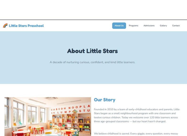 May include: A webpage for Little Stars Preschool, featuring a light blue header with navigation links and the school's logo. The main content area includes the text "About Little Stars" and a description of the school's mission.