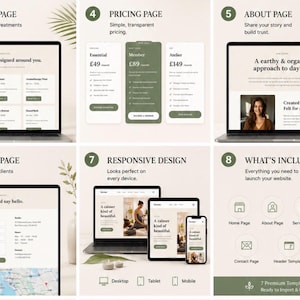 Op de afbeelding: Een website-ontwerpmodel met verschillende pagina's, waaronder services, prijzen en over secties. Het ontwerp heeft een strakke, moderne esthetiek met een rustgevend kleurenpalet en tekst zoals "Behandelingen ontworpen rondom u."