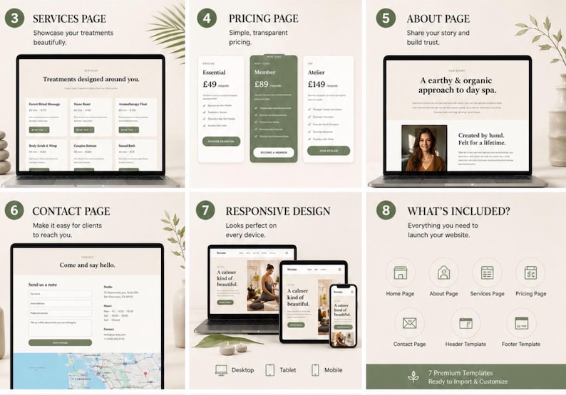 Op de afbeelding: Een website-ontwerpmodel met verschillende pagina's, waaronder services, prijzen en over secties. Het ontwerp heeft een strakke, moderne esthetiek met een rustgevend kleurenpalet en tekst zoals "Behandelingen ontworpen rondom u."