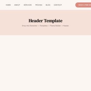Puede incluir: Una plantilla de encabezado de sitio web con el nombre de la marca "Luna" en la parte superior izquierda. Los enlaces de navegaci&oacute;n incluyen Inicio, Acerca de, Servicios, Precios, Blog y Contacto. Un bot&oacute;n rosa dice "BOOK A FREE DISCOVERY CALL". El texto del encabezado dice "Header Template".