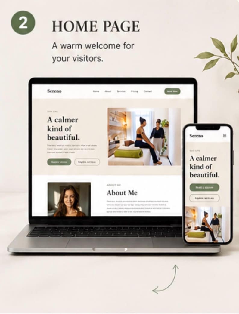 Op de afbeelding: Een laptop en smartphone tonen een website met de tekst "HOME PAGE" en "A warm welcome for your visitors." De website bevat de tekst "A calmer kind of beautiful."