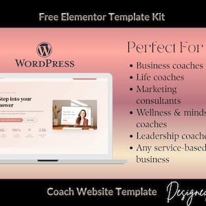 Puede incluir: Un port&aacute;til muestra una plantilla de sitio web con el logotipo de WordPress. El texto dice "Free Elementor Template Kit" y "Coach Website Template". El dise&ntilde;o es para coaches.