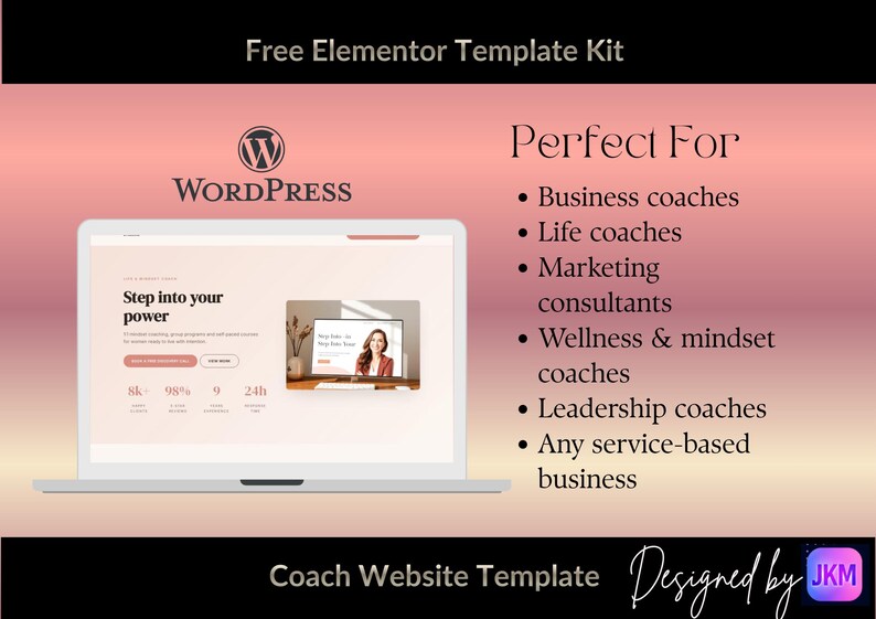 Puede incluir: Un port&aacute;til muestra una plantilla de sitio web con el logotipo de WordPress. El texto dice "Free Elementor Template Kit" y "Coach Website Template". El dise&ntilde;o es para coaches.