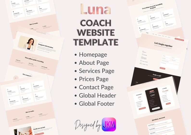 Puede incluir: Un dise&ntilde;o de plantilla de sitio web para entrenadores, con una combinaci&oacute;n de colores rosa p&aacute;lido y blanco. El dise&ntilde;o incluye p&aacute;ginas para la p&aacute;gina de inicio, sobre, servicios, precios y contacto. Se muestra el texto "Luna COACH WEBSITE TEMPLATE".