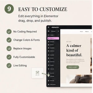 Op de afbeelding: Een digitaal scherm met een website-ontwerpinterface. De tekst luidt "EASY TO CUSTOMIZE" met functies als "No Coding Required" en "Change Colors & Fonts". Het website-ontwerp bevat de tekst "A calmer kind of beautiful."