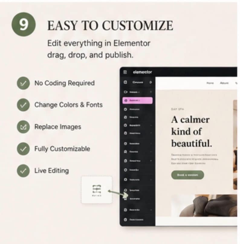 Op de afbeelding: Een digitaal scherm met een website-ontwerpinterface. De tekst luidt "EASY TO CUSTOMIZE" met functies als "No Coding Required" en "Change Colors & Fonts". Het website-ontwerp bevat de tekst "A calmer kind of beautiful."