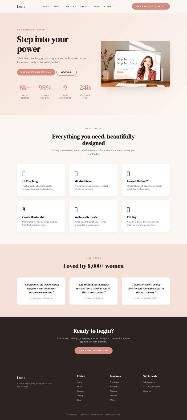 Puede incluir: P&aacute;gina de destino de un sitio web para un coach de vida y mentalidad, con un dise&ntilde;o limpio y moderno y una paleta de colores suaves. La p&aacute;gina incluye secciones sobre servicios, testimonios y un llamado a la acci&oacute;n.