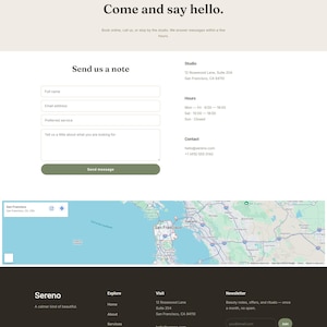 Op de afbeelding: Schermafbeelding van de website van Sereno Day Spa, met contactgegevens, een contactformulier en een kaart van San Francisco. De site bevat navigatielinks voor Home, About, Services en Pricing.