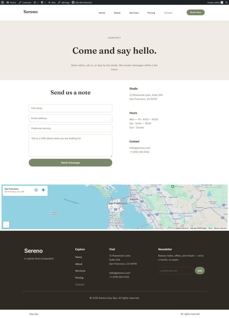 Op de afbeelding: Schermafbeelding van de website van Sereno Day Spa, met contactgegevens, een contactformulier en een kaart van San Francisco. De site bevat navigatielinks voor Home, About, Services en Pricing.